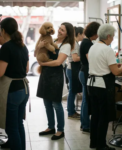 Une cliente tient un caniche fraîchement tondu dans un salon de toilettage pour chiens, tandis que d'autres personnes travaillent en arrière-plan.