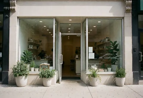 Façade d'un magasin de nutrition avec porte vitrée, plantes en pot et intérieur visible, ambiance propre et accueillante.