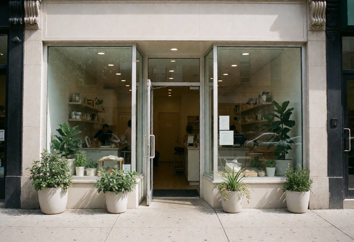 Façade d'un magasin de nutrition avec porte vitrée, plantes en pot et intérieur visible, ambiance propre et accueillante.