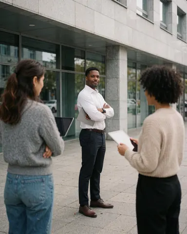 Homme d'affaires avec une tablette à la main devant un bâtiment moderne, deux femmes de dos, scène professionnelle en extérieur.