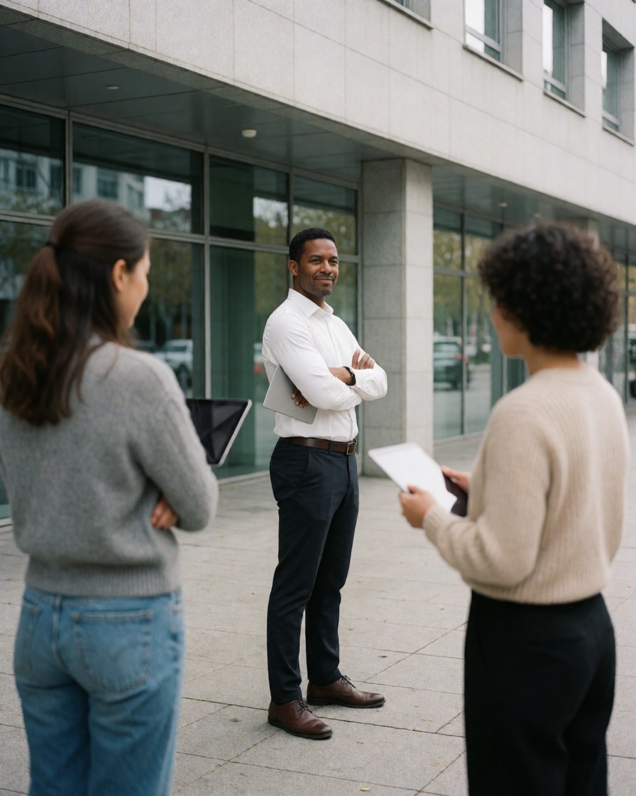 Homme d'affaires avec une tablette à la main devant un bâtiment moderne, deux femmes de dos, scène professionnelle en extérieur.
