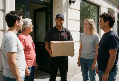 Un livreur souriant remet un colis à un client devant un bâtiment par temps ensoleillé, dans une ambiance professionnelle et conviviale.