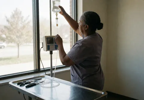 Technicienne vétérinaire ajustant un compte-gouttes intraveineux sur une table d'opération, avec lumière naturelle par la fenêtre, scène réaliste et professionnelle.