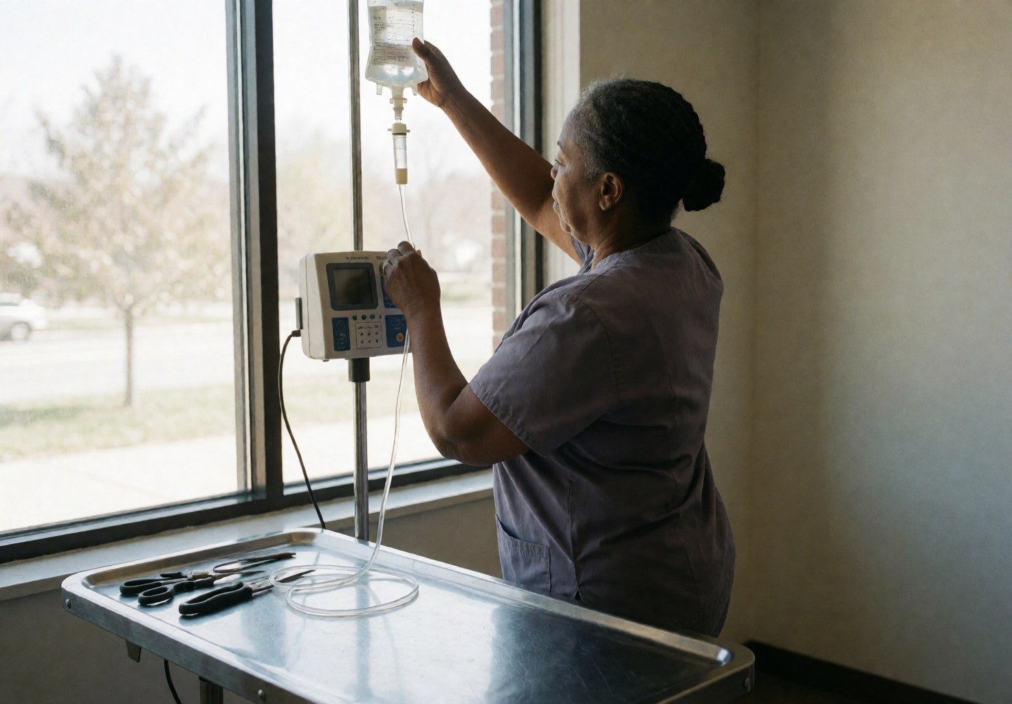 Technicienne vétérinaire ajustant un compte-gouttes intraveineux sur une table d'opération, avec lumière naturelle par la fenêtre, scène réaliste et professionnelle.