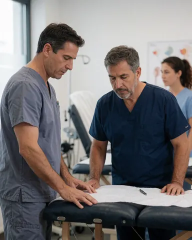 Deux professionnels de la santé consultent ensemble un tableau de traitement au sein d'une clinique, entourés d'équipement médical dans un cadre de travail réaliste.