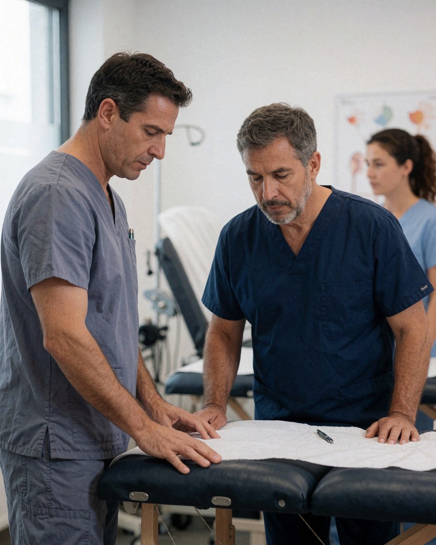 Deux professionnels de la santé consultent ensemble un tableau de traitement au sein d'une clinique, entourés d'équipement médical dans un cadre de travail réaliste.