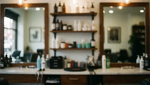 Arrière-plan de barbier avec miroirs, étagères de produits et comptoir, idéal pour textes et promotions.