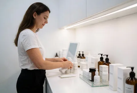 Une femme professionnelle arrange des soins de la peau sur une table moderne dans un salon lumineux.