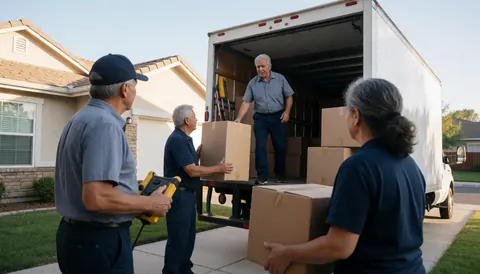 Des déménageurs en uniforme chargent des cartons dans un camion de déménagement devant une maison par temps ensoleillé.