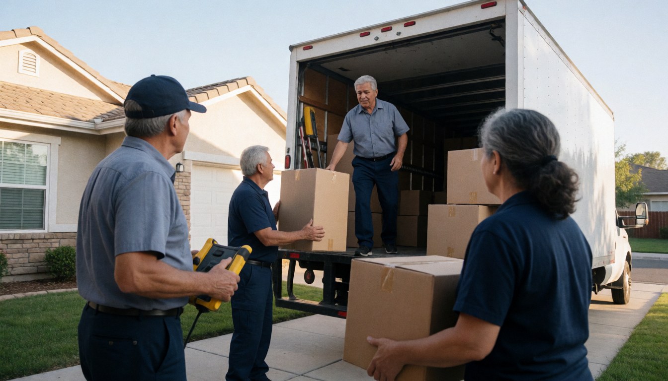 Des déménageurs en uniforme chargent des cartons dans un camion de déménagement devant une maison par temps ensoleillé.