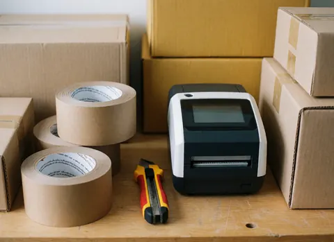 Ruban kraft, coupeur et imprimante d'étiquettes disposés sur une table en bois entourée de cartons.