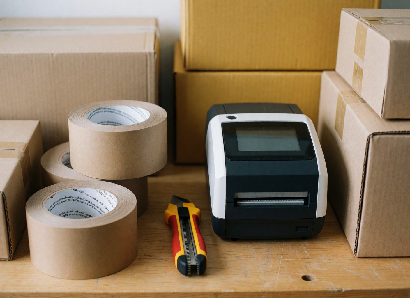 Ruban kraft, coupeur et imprimante d'étiquettes disposés sur une table en bois entourée de cartons.