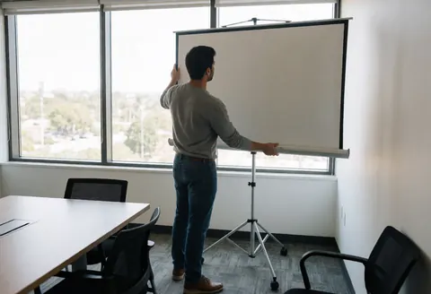 Un homme ajuste un écran de présentation dans une salle de réunion moderne avec lumière naturelle, chaises et table de conférence.