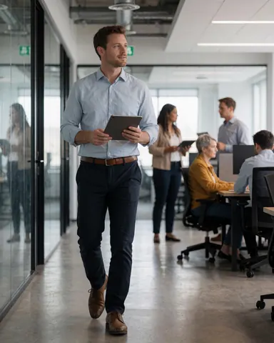 Un homme d'affaires avance dans un couloir de bureau moderne en tenant une tablette, tandis que des collègues travaillent en arrière-plan.