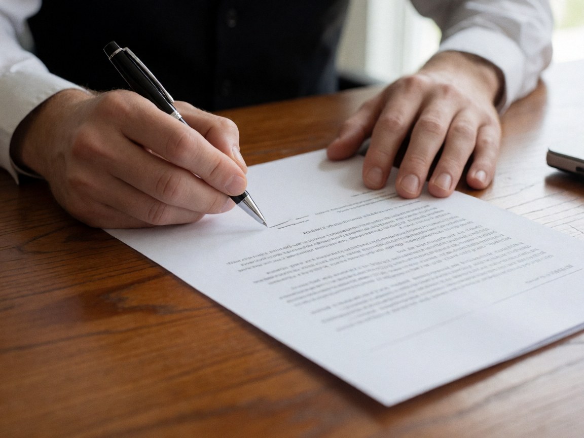 Un homme en tenue professionnelle signe un contrat avec un stylo sur une table en bois poli éclairée par la lumière naturelle.