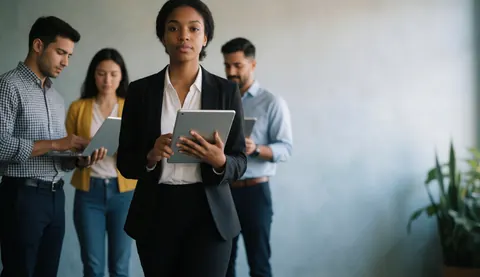 Une femme en costume professionnel se déplace avec une tablette dans un bureau moderne, collègues travaillant en arrière-plan, espace vide à droite pour texte.