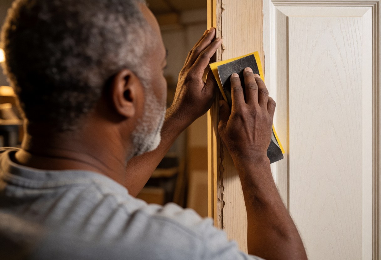 Un homme utilise du papier abrasif pour poncer un cadre de porte en bois dans un atelier bien éclairé.