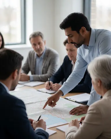Groupe de professionnels de l'immobilier en réunion, consultant une grande carte posée sur une table, baigné de lumière naturelle dans un cadre professionnel.