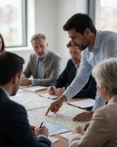 Groupe de professionnels de l'immobilier en réunion, consultant une grande carte posée sur une table, baigné de lumière naturelle dans un cadre professionnel.