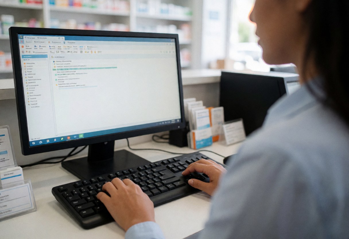 Une pharmacienne utilise un ordinateur dans une pharmacie avec des rayonnages de médicaments en arrière-plan et une interaction professionnelle avec un client.