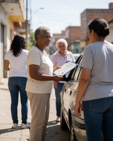 Une femme âgée remet un certificat à une autre femme à côté d'une voiture dans une rue urbaine ensoleillée.