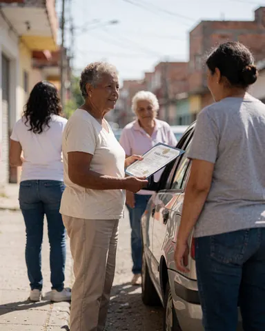 Une femme âgée remet un certificat à une autre femme à côté d'une voiture dans une rue urbaine ensoleillée.