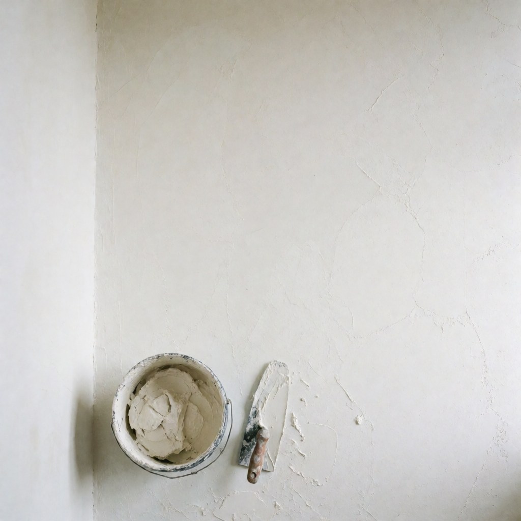 Mur blanc fraîchement enduit accompagné d'un seau d'enduit et d'un rouleau, éclairage naturel doux, idéal pour la décoration ou la construction.
