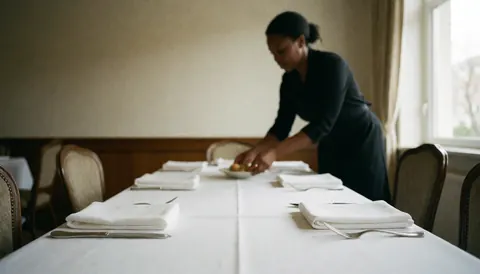 Une serveuse en train de servir une table dressée avec une nappe blanche et des couverts, dans un restaurant baigné de lumière naturelle avec des chaises en bois.