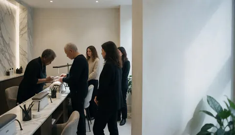 Intérieur d'un salon de beauté avec une manucure travaillant sur les ongles d'une cliente, décor en marbre et lumière naturelle créant une ambiance professionnelle et accueillante.