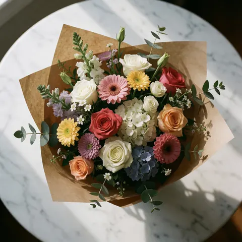 Bouquet de fleurs fraîches avec roses, gerberas et hortensias dans du papier kraft sur une table en marbre éclairée par la lumière naturelle.