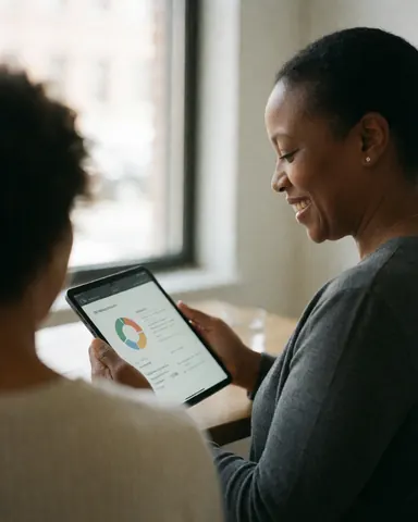 Une femme souriante examine un rapport sur une tablette dans un bureau lumineux. Elle semble satisfaite et confiante face aux résultats présentés.