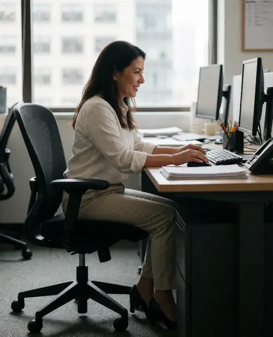 Une femme d'affaires sourit en travaillant sur son ordinateur dans un bureau moderne éclairé par la lumière naturelle, évoquant un environnement professionnel et productif.
