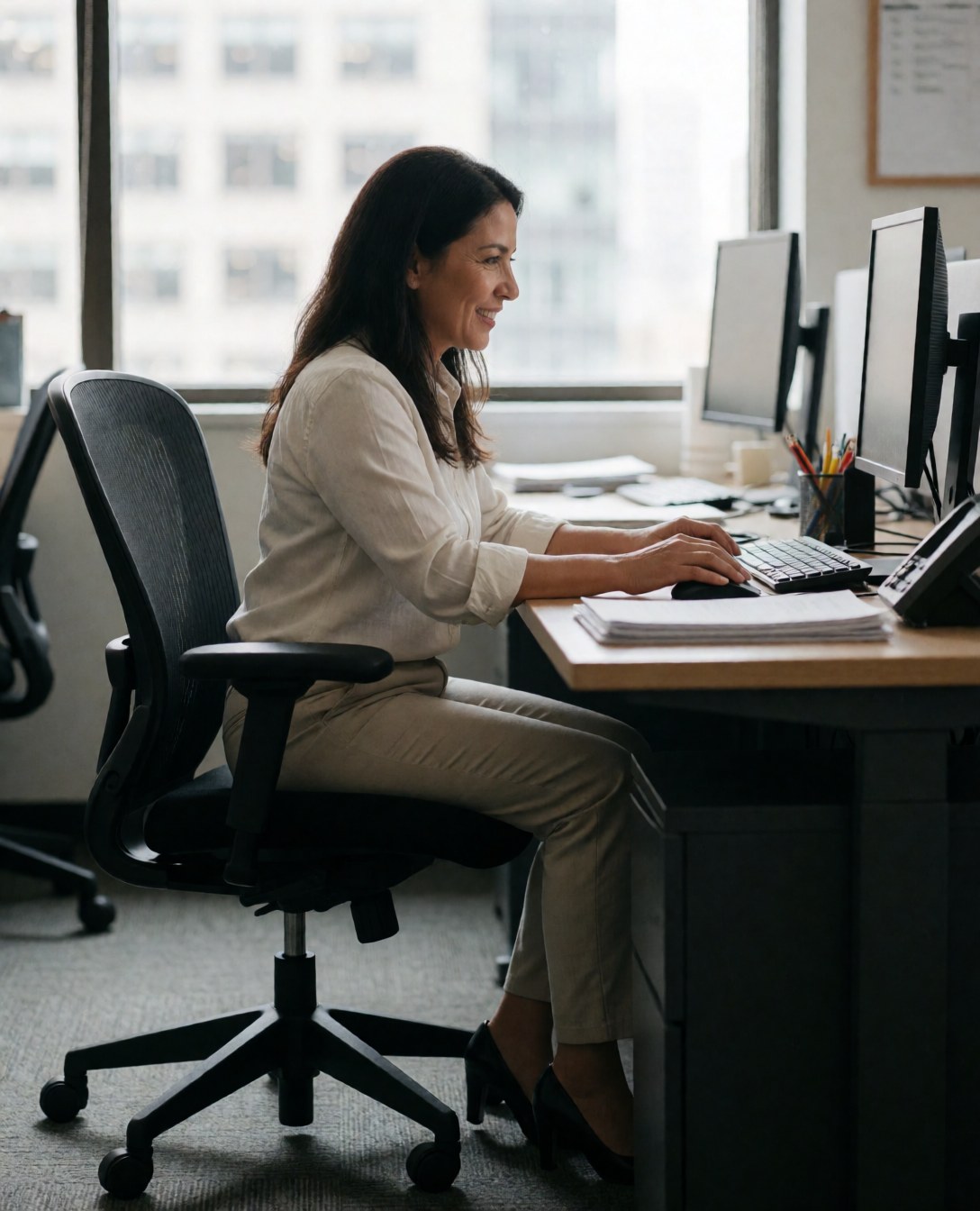 Une femme d'affaires sourit en travaillant sur son ordinateur dans un bureau moderne éclairé par la lumière naturelle, évoquant un environnement professionnel et productif.