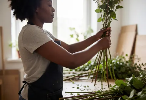 Une femme en tablier compose un bouquet de fleurs vertes dans un atelier de fleuriste éclairé par la lumière naturelle avec un fond flou.