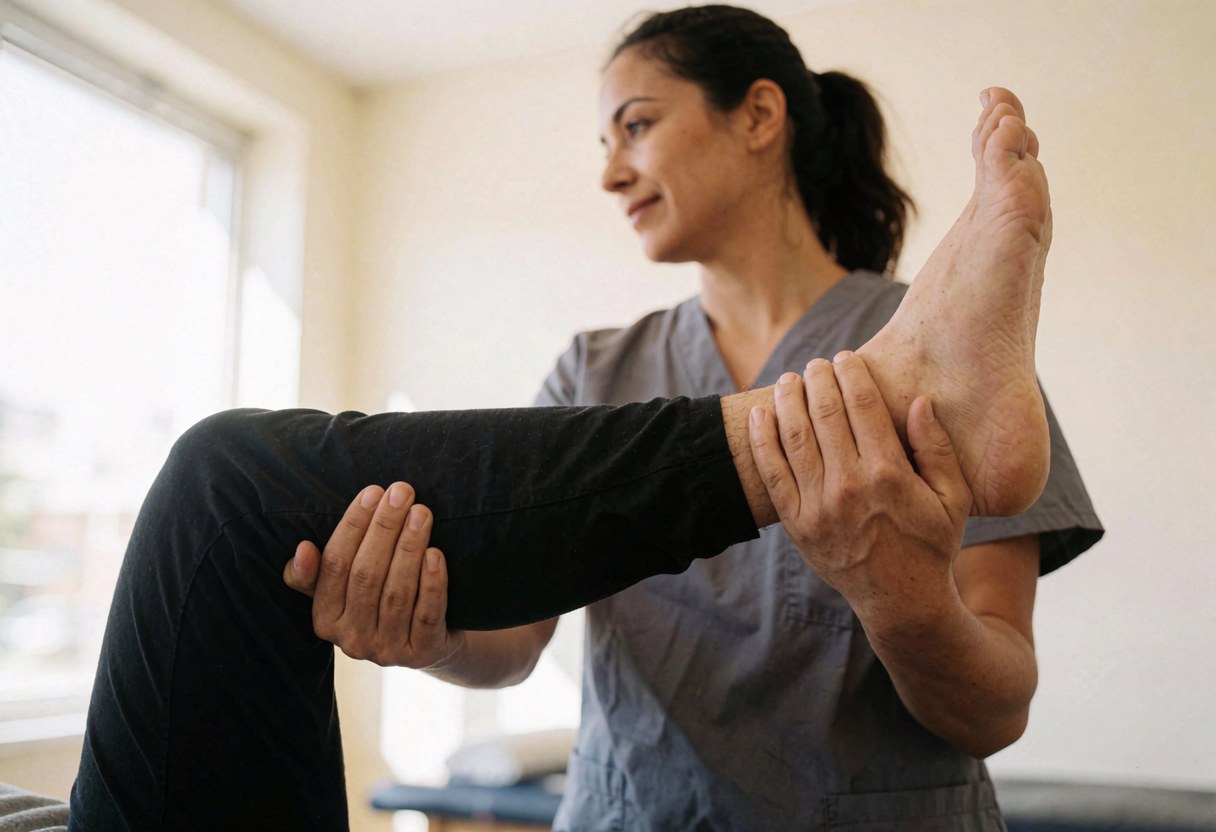Femme fisiothérapeute effectuant un étirement de jambe sur un client en consultation, dans un cadre professionnel et lumineux, adapté aux services de santé et de bien-être.