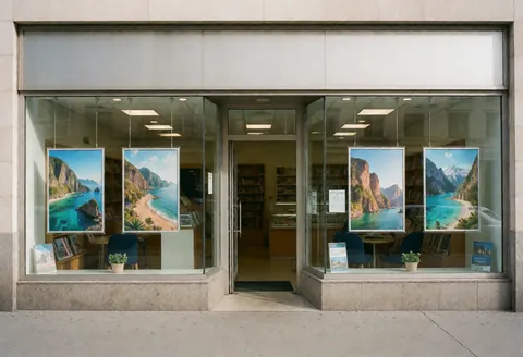 Façade d'agence de voyages avec des vitrines affichant des posters de destinations touristiques et une entrée moderne.