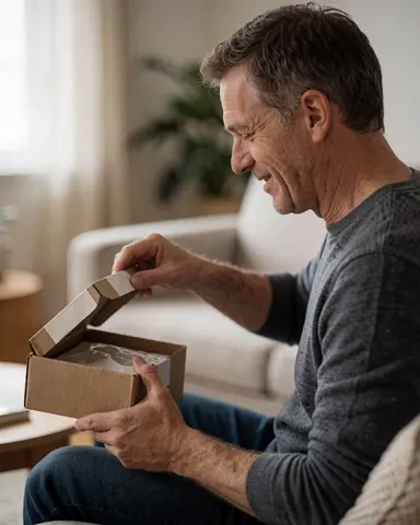 Un homme dans son salon ouvre une boîte de colis avec une expression de satisfaction, éclairage naturel et ambiance chaleureuse.