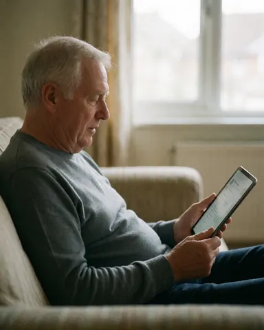 Un homme senior assis sur un canapé, regardant attentivement son écran de tablette dans un intérieur lumineux, évoquant le télétravail ou les appels vidéo.