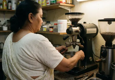 Une femme moud du café dans un café traditionnel avec du matériel et des étagères d'ingrédients en arrière-plan.