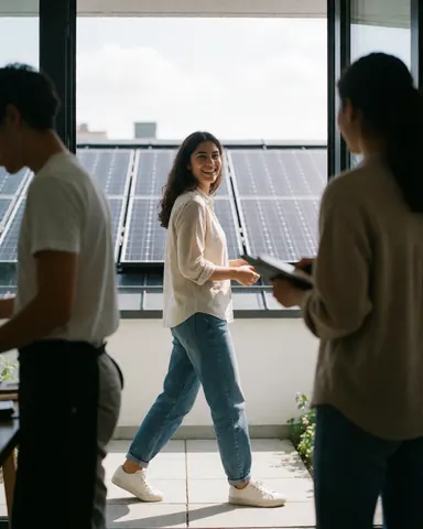 Une femme marche avec joie devant un toit équipé de panneaux solaires, dans un espace moderne et lumineux, avec d'autres personnes autour.
