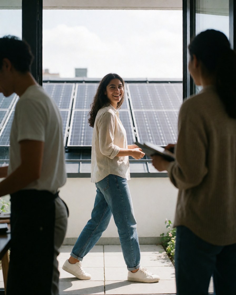 Une femme marche avec joie devant un toit équipé de panneaux solaires, dans un espace moderne et lumineux, avec d'autres personnes autour.