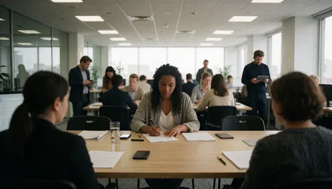 Une femme écrit à un bureau tandis que d'autres employés travaillent autour d'elle dans un environnement professionnel et moderne.