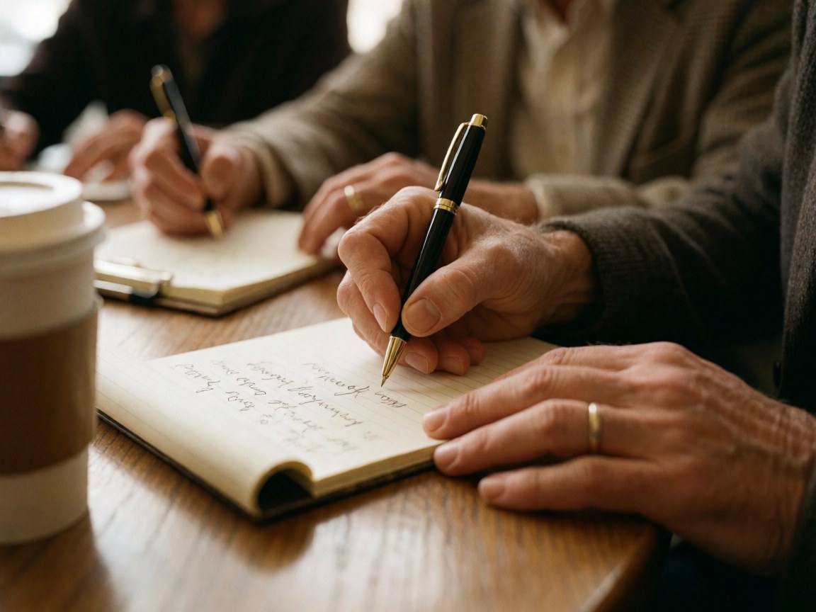 Mains écrivant des notes sur un carnet posé sur une table en bois, avec une tasse de café et une autre personne écrivant en arrière-plan.