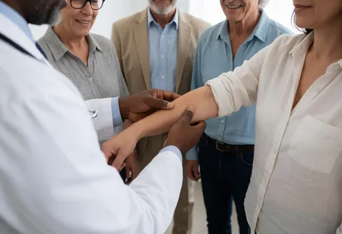 Un médecin examine le bras d'un patient tandis que d'autres adultes observent attentivement dans un cabinet médical moderne et propre.