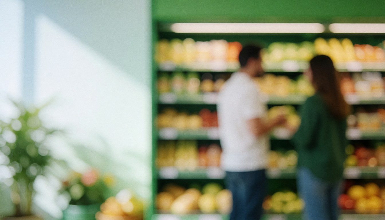 Arrière-plan flou d'un minimarket avec des étagères vertes, des lumières et des personnes, idéal pour des textes commerciaux.