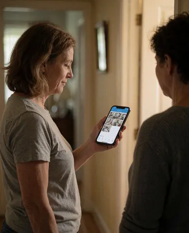 Une femme consulte une application de sécurité sur son smartphone, affichant plusieurs flux vidéo, dans un cadre domestique chaleureux.