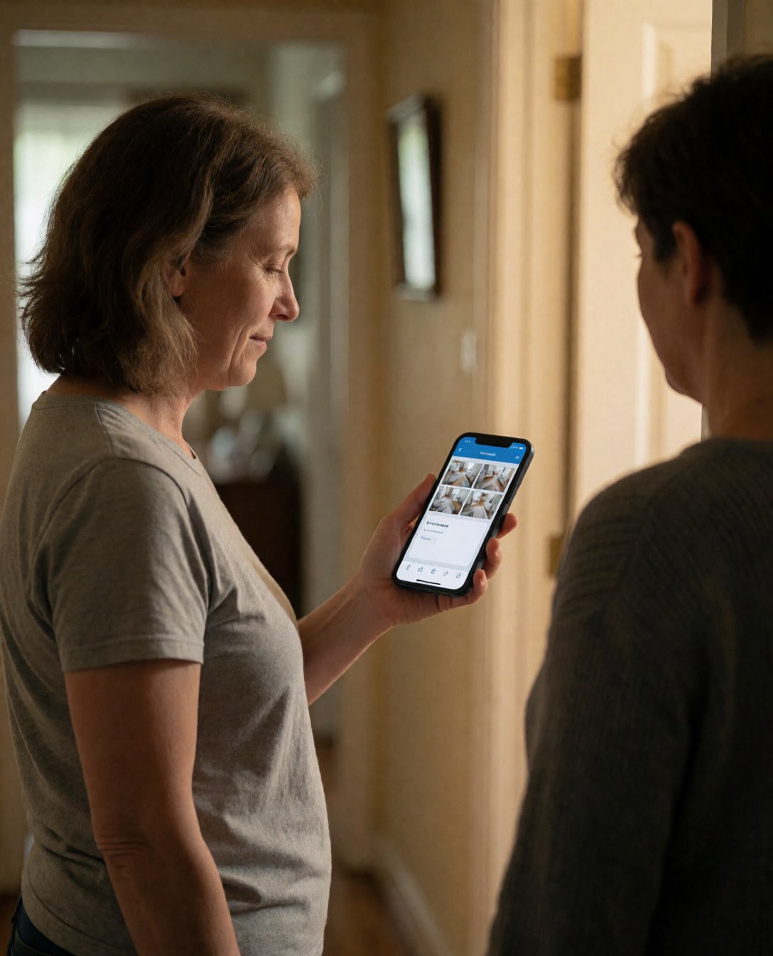 Une femme consulte une application de sécurité sur son smartphone, affichant plusieurs flux vidéo, dans un cadre domestique chaleureux.