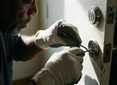 Un technicien portant des gants utilise des outils sur une serrure de sécurité sous un éclairage dramatique, mettant en valeur la précision du travail manuel.