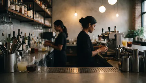 Intérieur d'un bar avec des tables propres, du personnel qui travaille, une ambiance chaleureuse et des boissons prêtes à être servies.