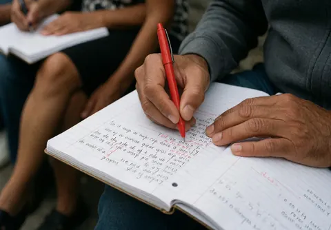 Une main adulte utilise un stylo rouge pour corriger un exercice d'espagnol dans un cahier, dans le cadre d'une académie de langues avec d'autres étudiants en arrière-plan.